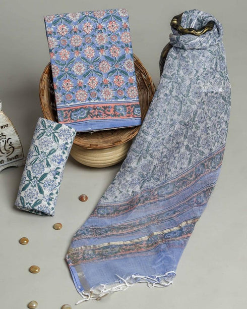 Floral Jaal Hand Block Print Cotton Suit Set with Kota Doria Dupatta (3CKD10)